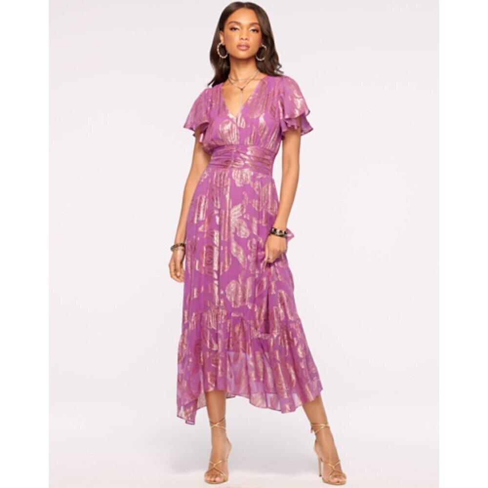 Ramy Brook Embellished Joan Short Sleeve Dress in Purple Floral Size XS